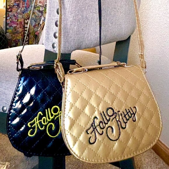 Glam Gold Black Embroidered Vinyl Hello Kitty Sanrio Crossbody Bag Purse Handbag - Picture 3 of 7